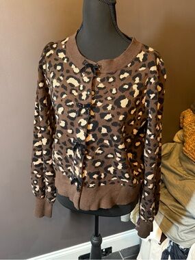 Express Brown and Cream Leopard-Print Bow-Front Cardigan